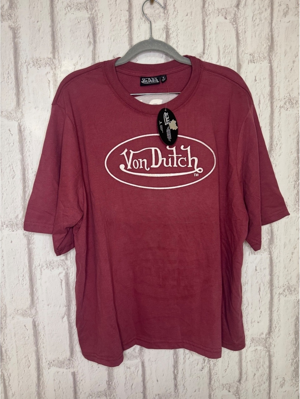 Von Dutch Burgundy Embroidered 3D Graphic Oversized Tee Small NWT Viral Y2K